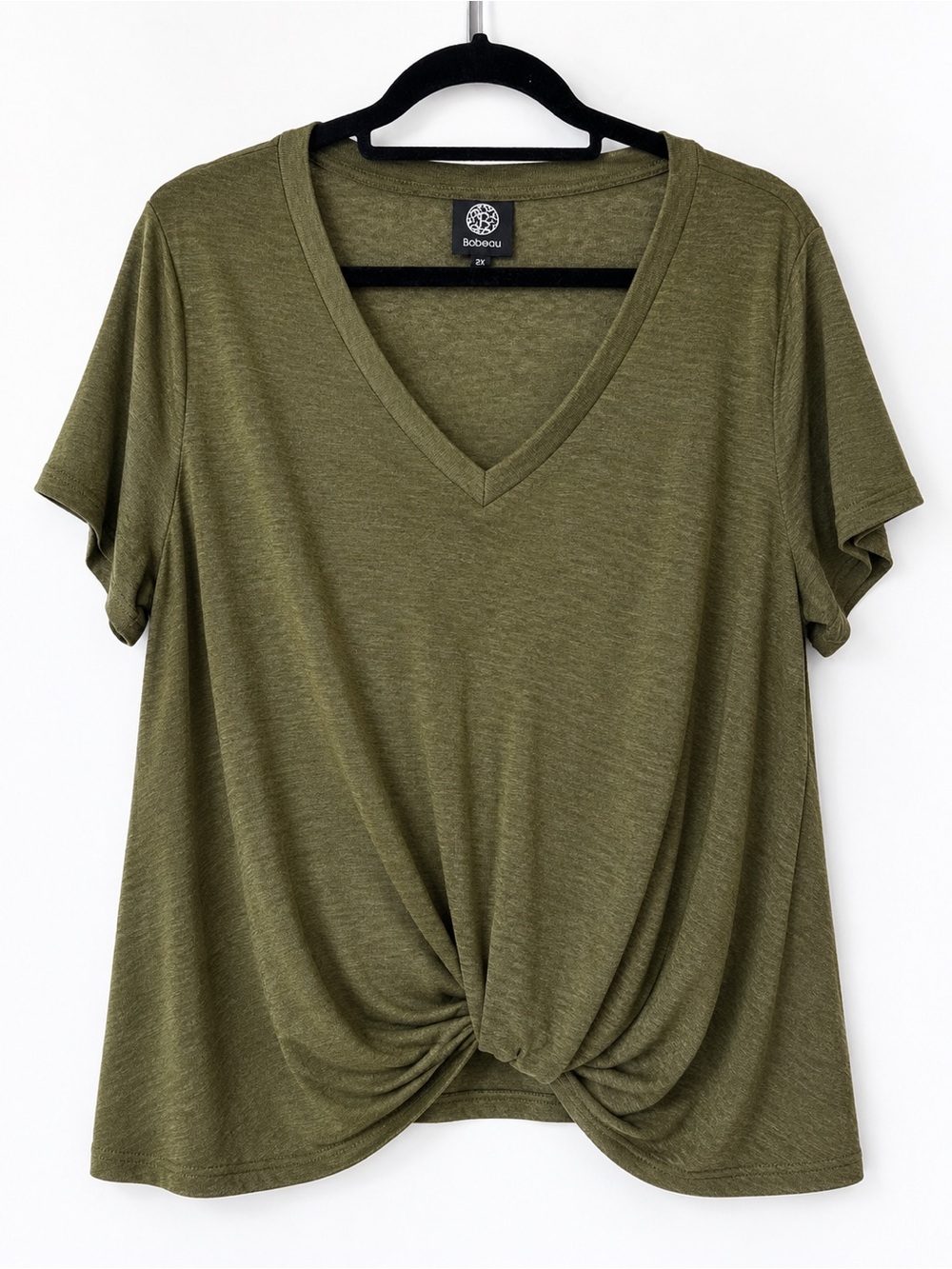 bobeau Olive Twist-Front V-Neck Short Sleeve Top